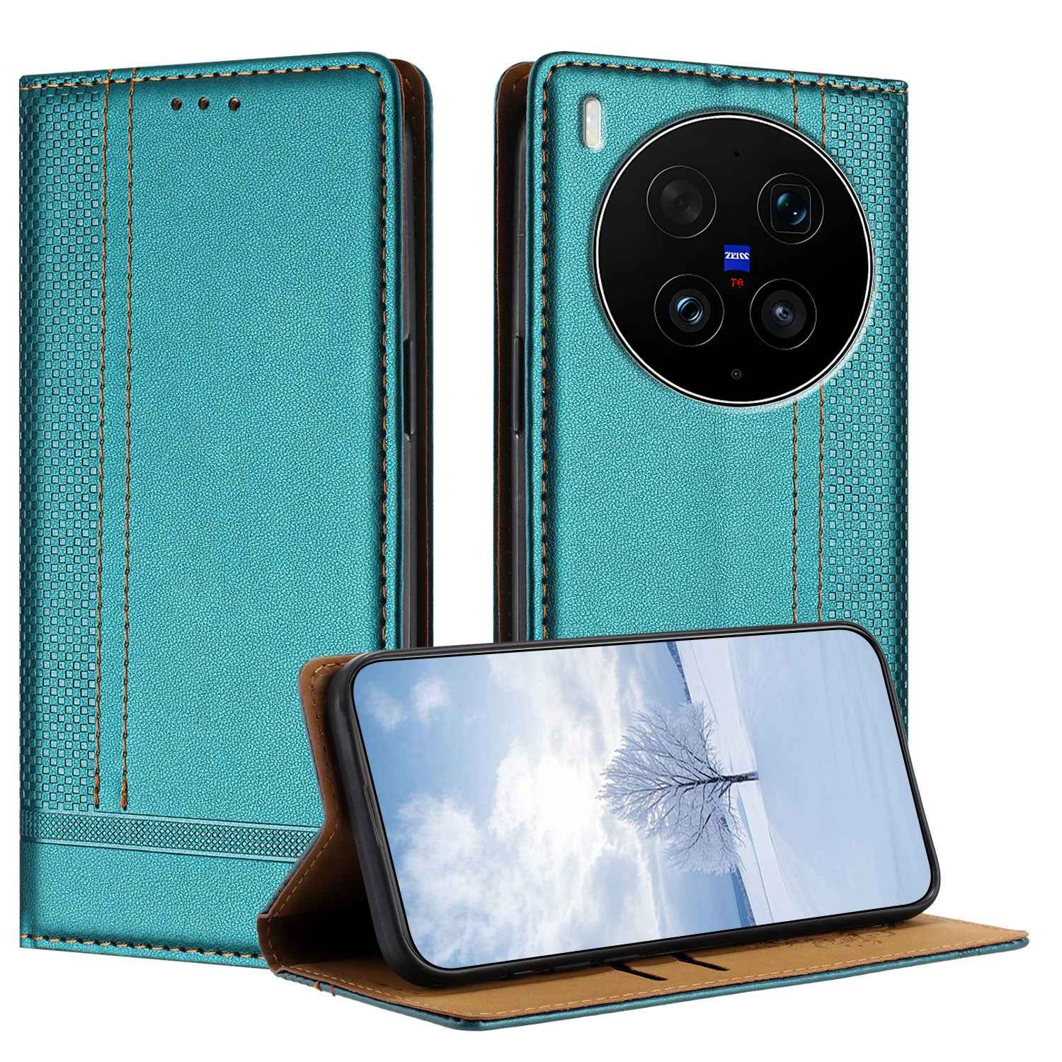 For vivo X300 Ultra 5G Case L-Shaped Grid Pattern Leather Stand Phone Cover with Card Slots - Green