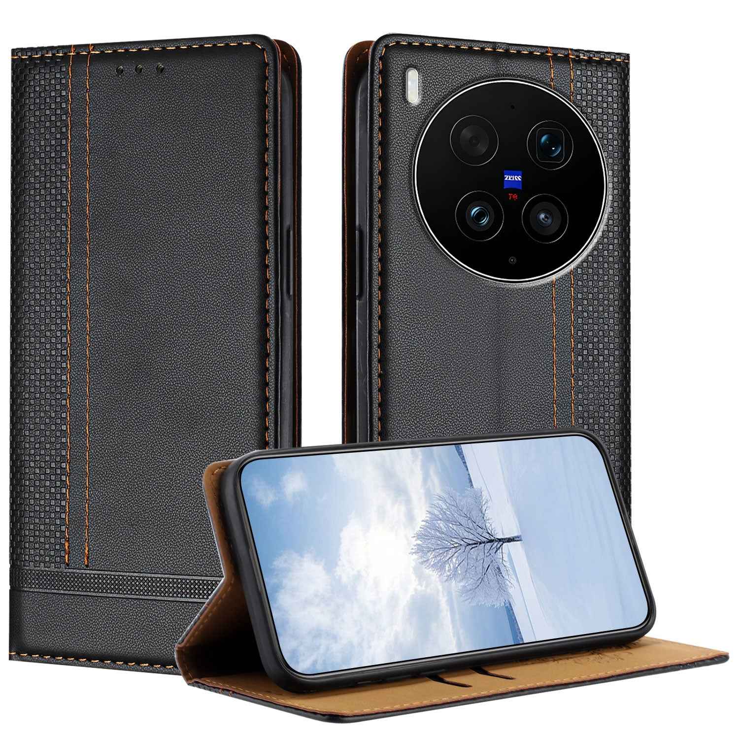 For vivo X300 Ultra 5G Case L-Shaped Grid Pattern Leather Stand Phone Cover with Card Slots - Black