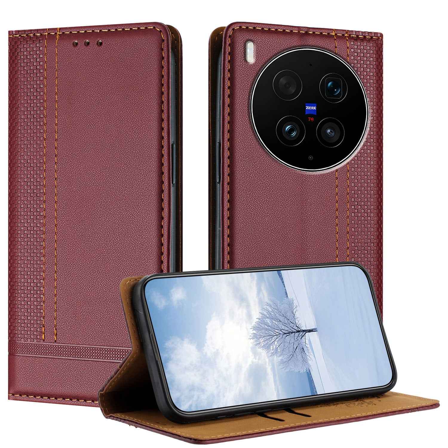 For vivo X300 Ultra 5G Case L-Shaped Grid Pattern Leather Stand Phone Cover with Card Slots - Wine Red