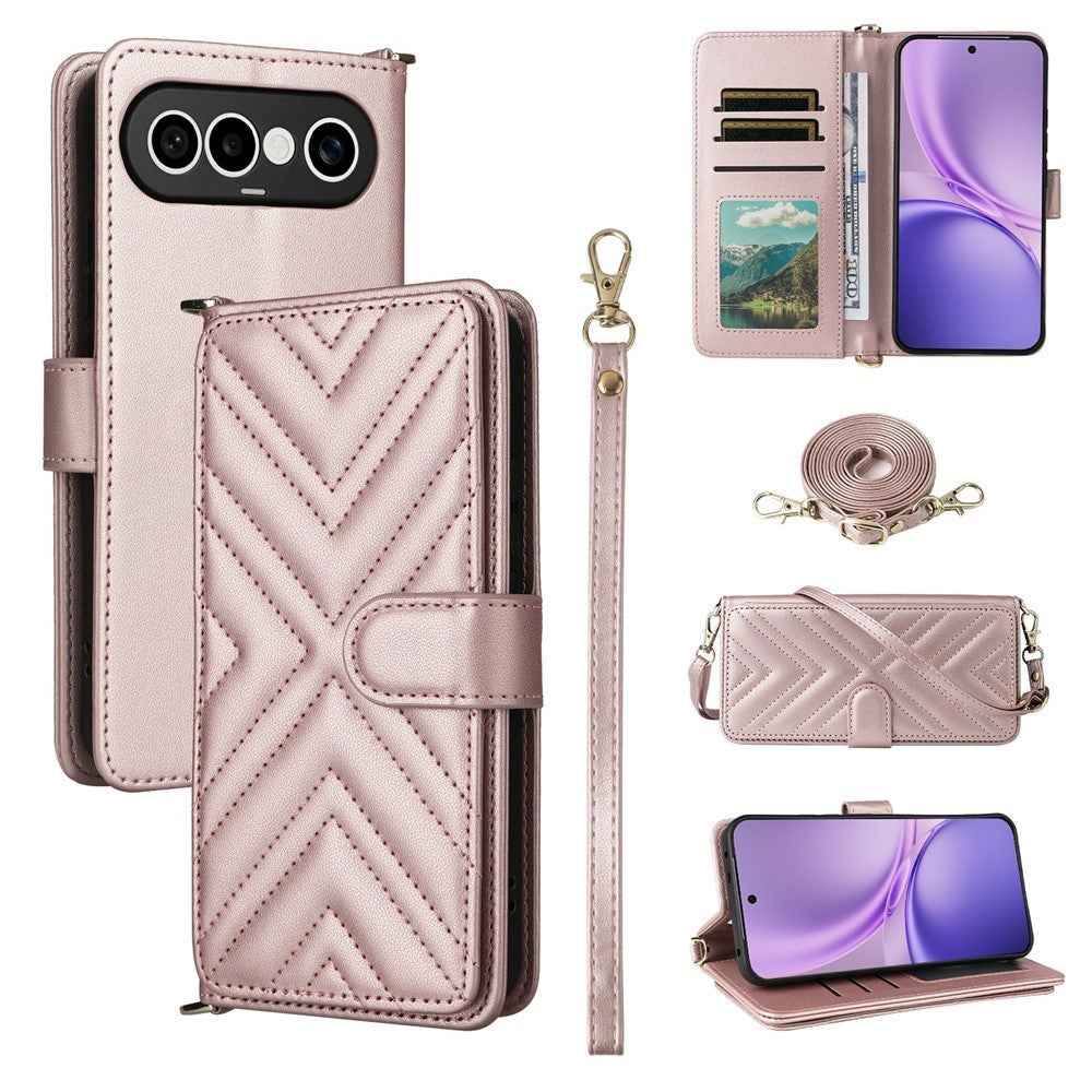 For vivo X300 FE 5G / S50 Pro mini 5G Leather Case Stand Wallet Phone Cover with Shoulder  /  Wrist Strap - Pink