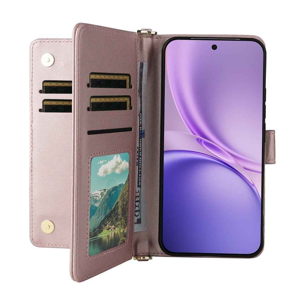For vivo X300 FE 5G / S50 Pro mini 5G Leather Case Stand Wallet Phone Cover with Shoulder  /  Wrist Strap - Pink