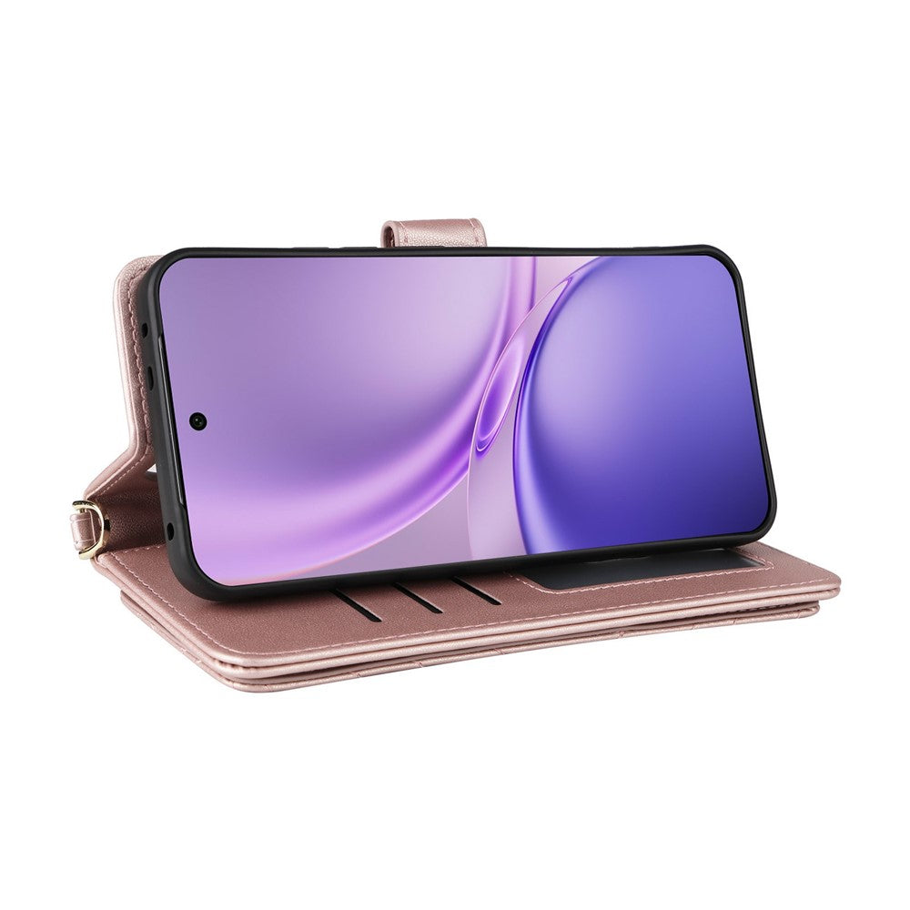 For vivo X300 FE 5G / S50 Pro mini 5G Leather Case Stand Wallet Phone Cover with Shoulder  /  Wrist Strap - Pink