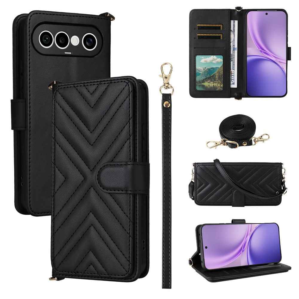 For vivo X300 FE 5G / S50 Pro mini 5G Leather Case Stand Wallet Phone Cover with Shoulder  /  Wrist Strap - Black