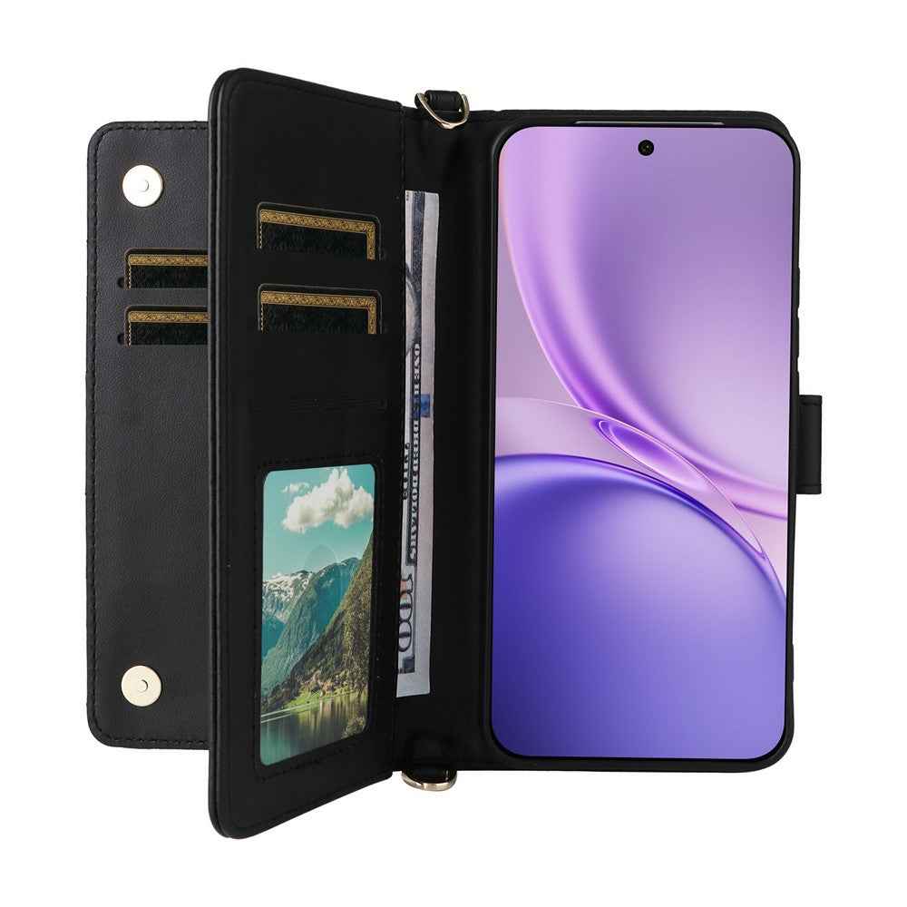 For vivo X300 FE 5G / S50 Pro mini 5G Leather Case Stand Wallet Phone Cover with Shoulder  /  Wrist Strap - Black