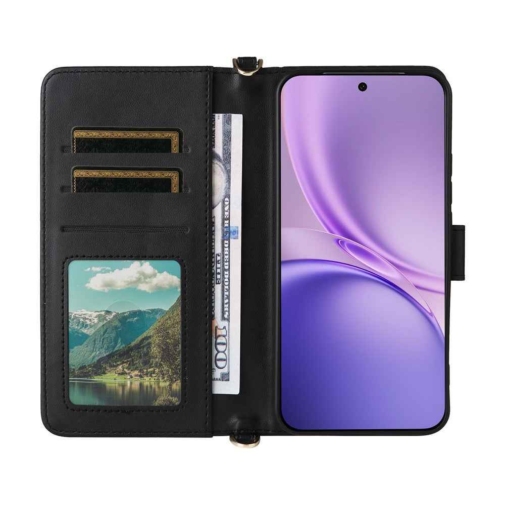 For vivo X300 FE 5G / S50 Pro mini 5G Leather Case Stand Wallet Phone Cover with Shoulder  /  Wrist Strap - Black