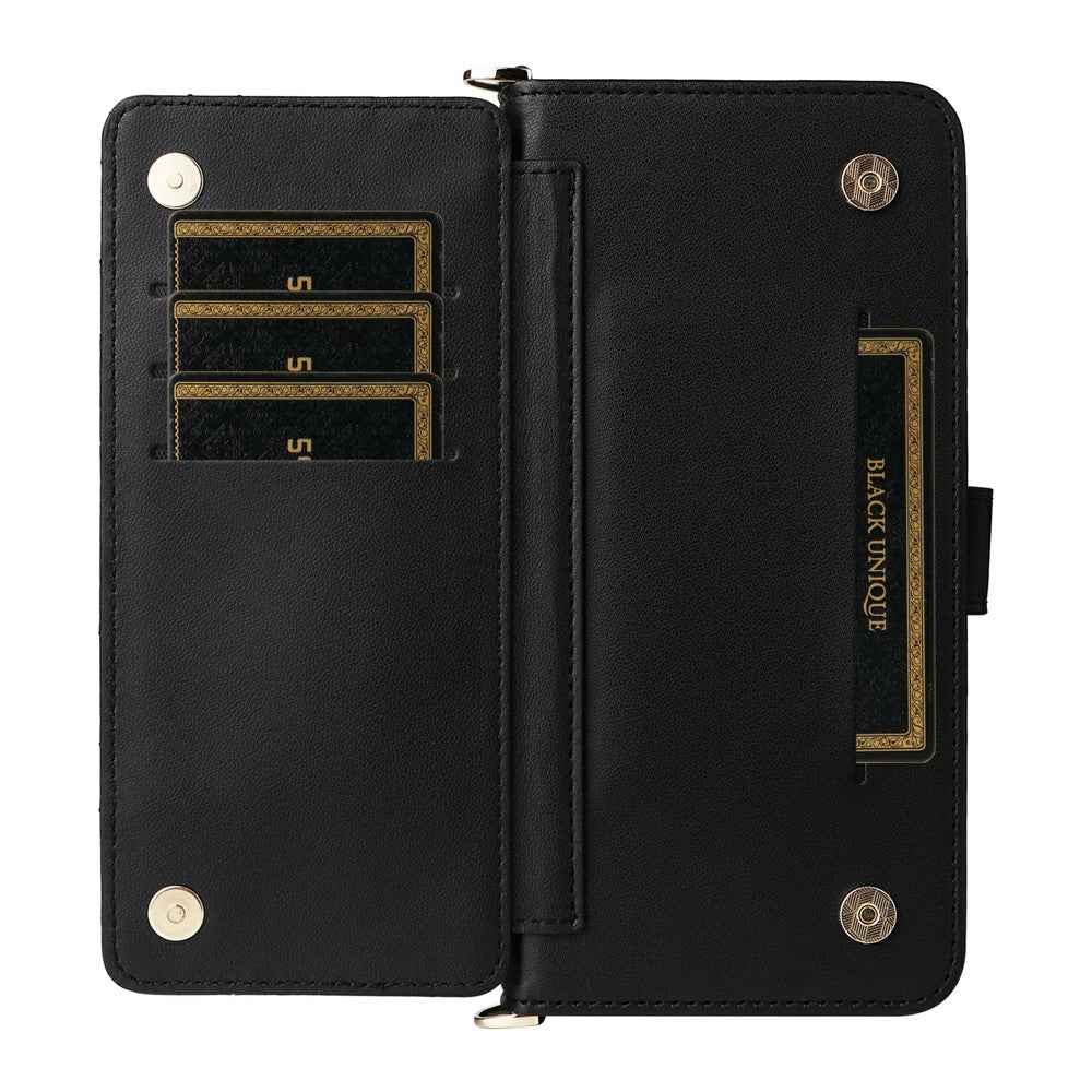 For vivo X300 FE 5G / S50 Pro mini 5G Leather Case Stand Wallet Phone Cover with Shoulder  /  Wrist Strap - Black