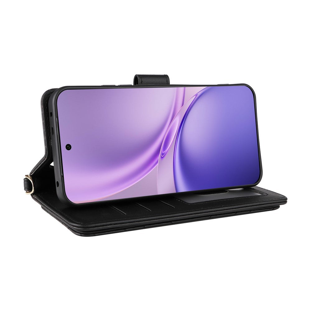For vivo X300 FE 5G / S50 Pro mini 5G Leather Case Stand Wallet Phone Cover with Shoulder  /  Wrist Strap - Black