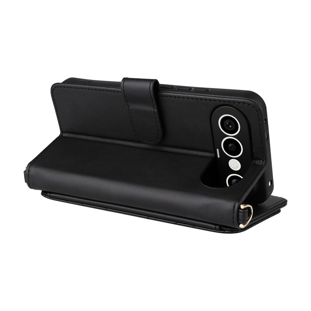 For vivo X300 FE 5G / S50 Pro mini 5G Leather Case Stand Wallet Phone Cover with Shoulder  /  Wrist Strap - Black