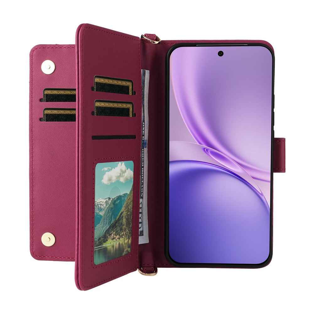 For vivo X300 FE 5G / S50 Pro mini 5G Leather Case Stand Wallet Phone Cover with Shoulder  /  Wrist Strap - Rose