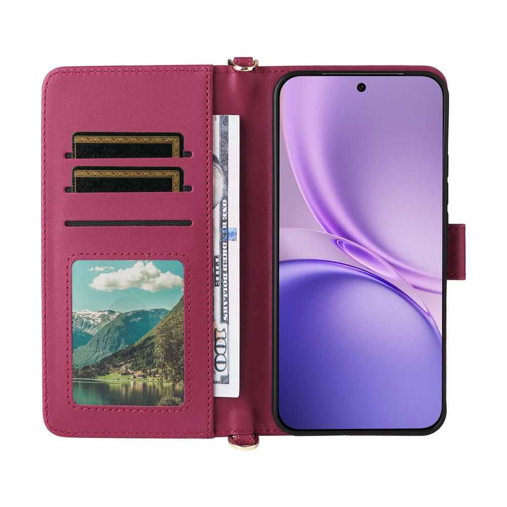 For vivo X300 FE 5G / S50 Pro mini 5G Leather Case Stand Wallet Phone Cover with Shoulder  /  Wrist Strap - Rose