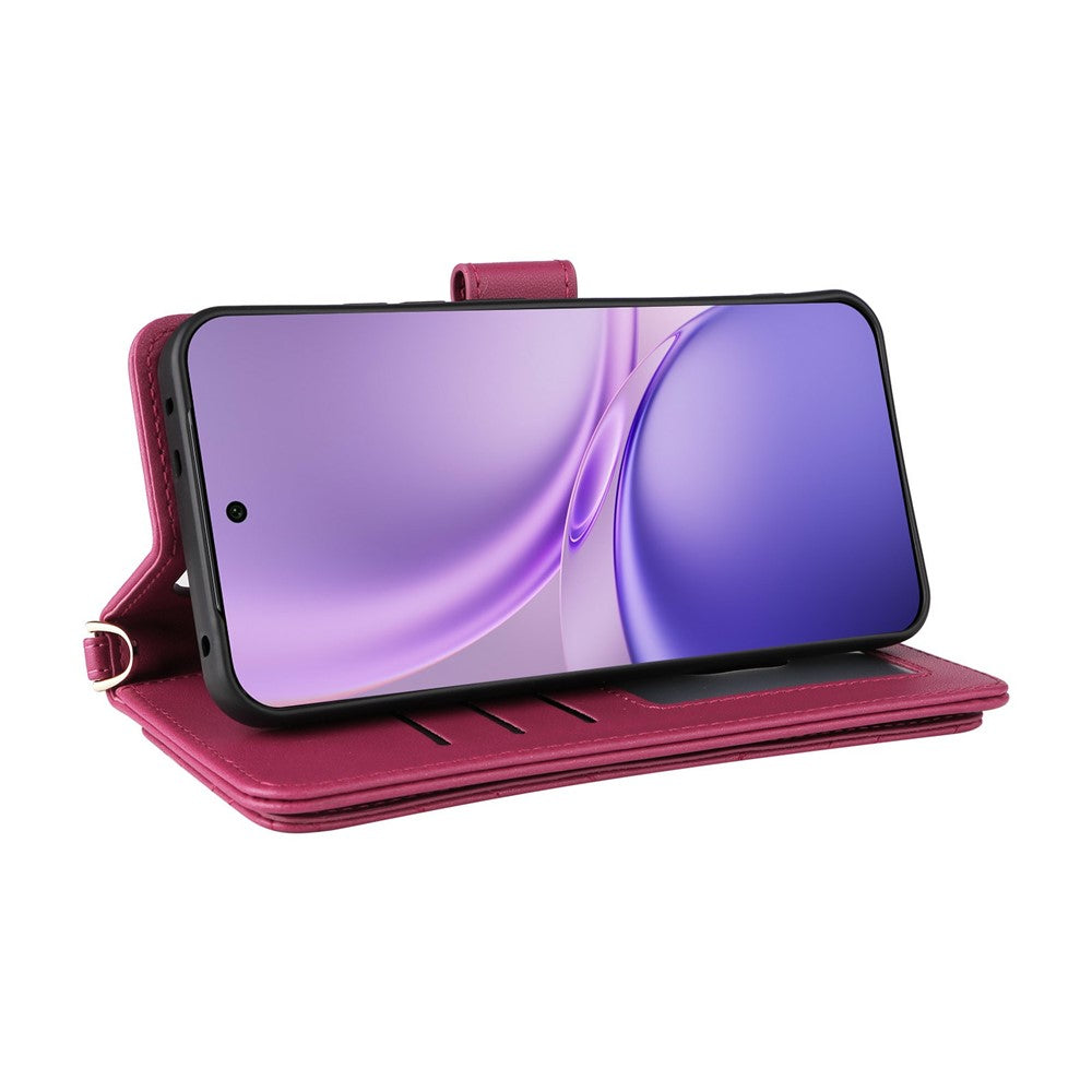 For vivo X300 FE 5G / S50 Pro mini 5G Leather Case Stand Wallet Phone Cover with Shoulder  /  Wrist Strap - Rose