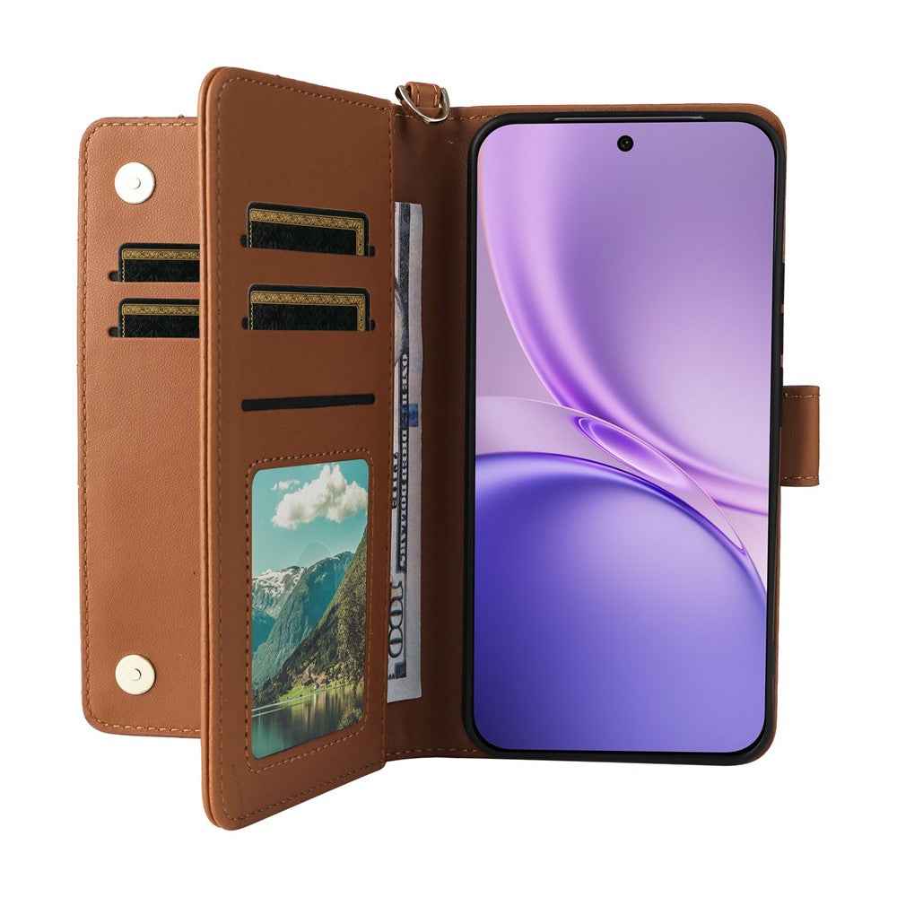 For vivo X300 FE 5G / S50 Pro mini 5G Leather Case Stand Wallet Phone Cover with Shoulder  /  Wrist Strap - Brown