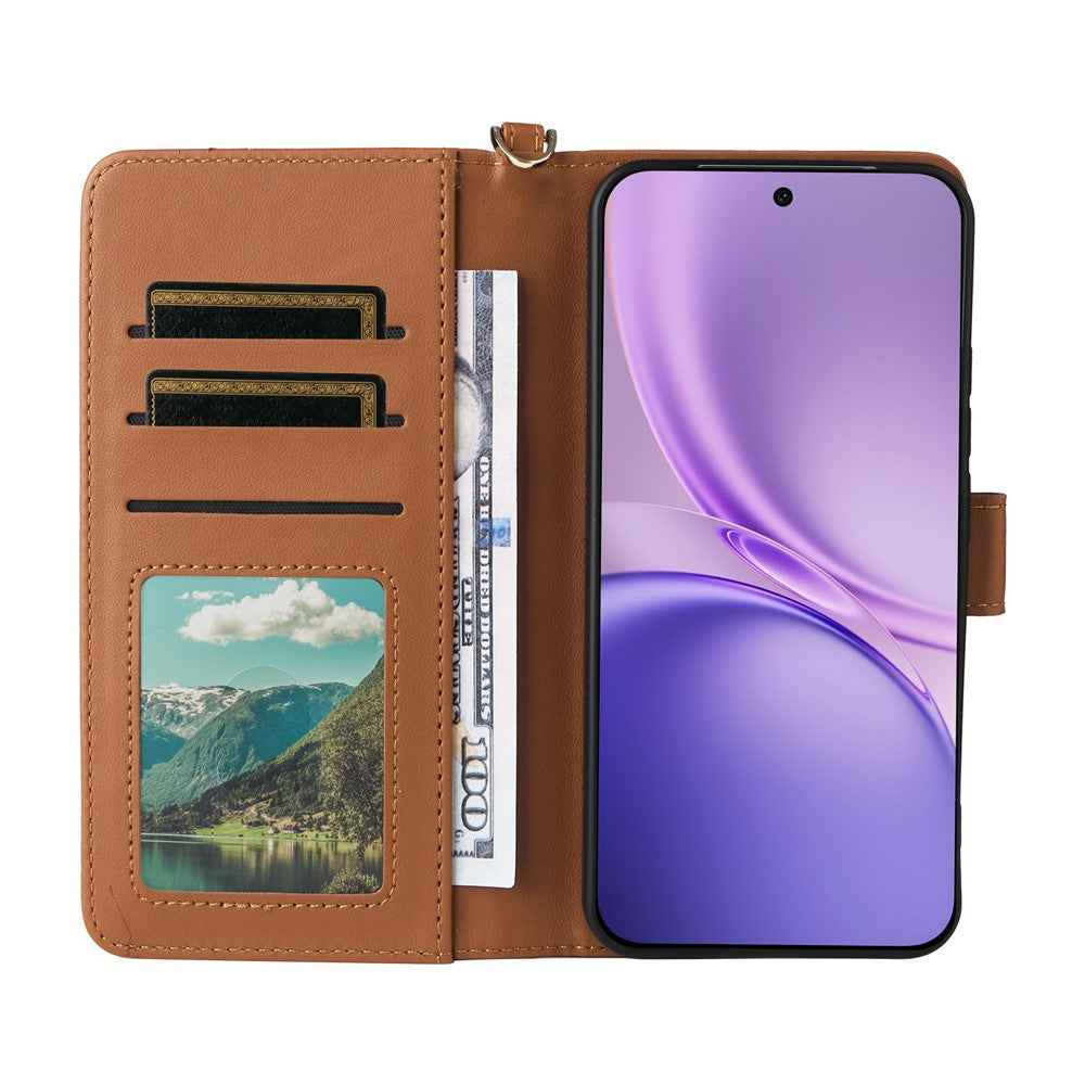 For vivo X300 FE 5G / S50 Pro mini 5G Leather Case Stand Wallet Phone Cover with Shoulder  /  Wrist Strap - Brown