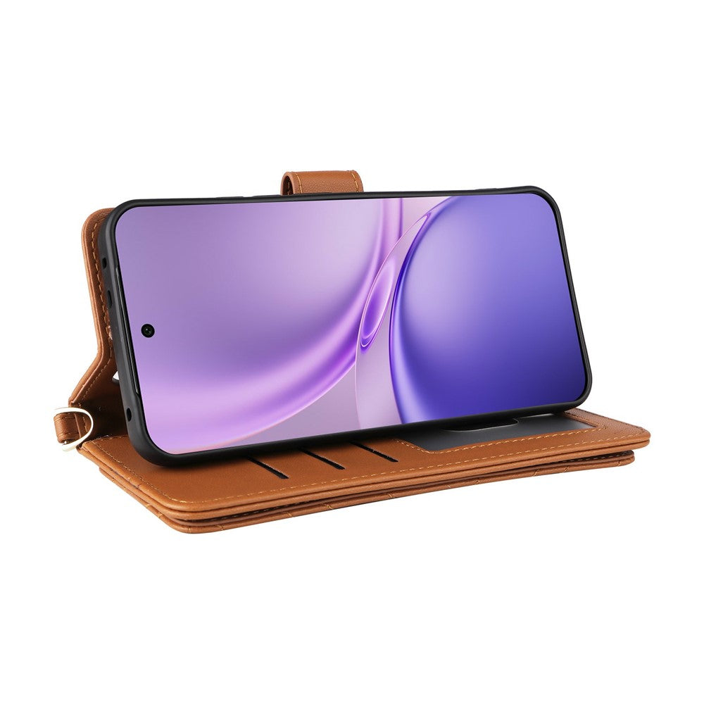 For vivo X300 FE 5G / S50 Pro mini 5G Leather Case Stand Wallet Phone Cover with Shoulder  /  Wrist Strap - Brown