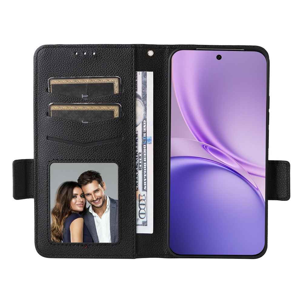 For vivo X300 FE 5G / S50 Pro mini 5G Case Litchi Texture Wallet Leather Phone Cover with Wrist Strap - Black