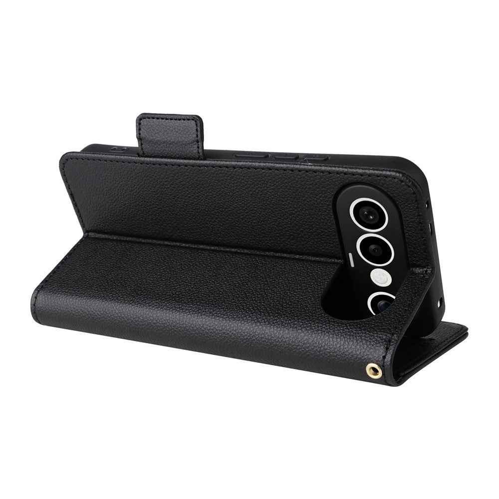 For vivo X300 FE 5G / S50 Pro mini 5G Case Litchi Texture Wallet Leather Phone Cover with Wrist Strap - Black
