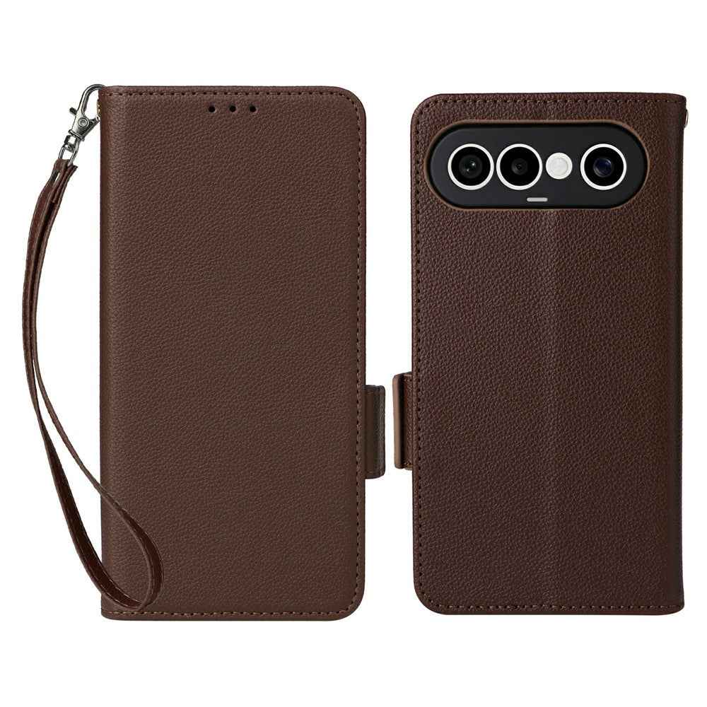 For vivo X300 FE 5G / S50 Pro mini 5G Case Litchi Texture Wallet Leather Phone Cover with Wrist Strap - Brown