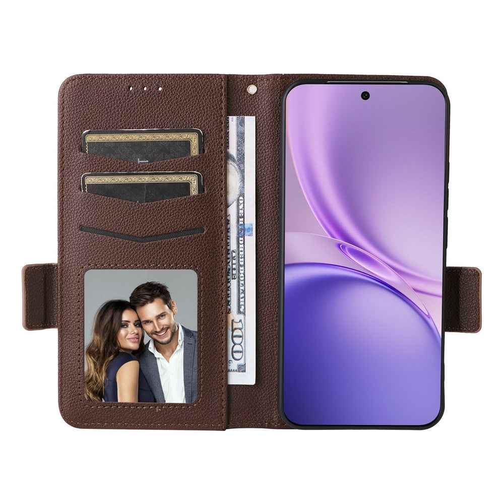 For vivo X300 FE 5G / S50 Pro mini 5G Case Litchi Texture Wallet Leather Phone Cover with Wrist Strap - Brown