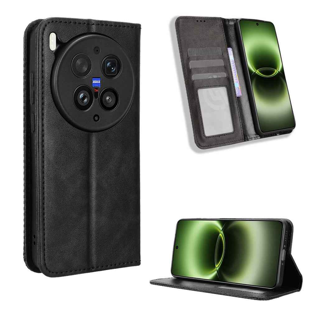 For vivo X300 Ultra 5G Leather Case Wallet Stand Retro Texture Phone Cover - Black