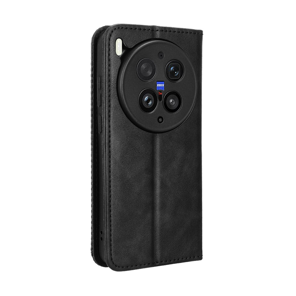 For vivo X300 Ultra 5G Leather Case Wallet Stand Retro Texture Phone Cover - Black