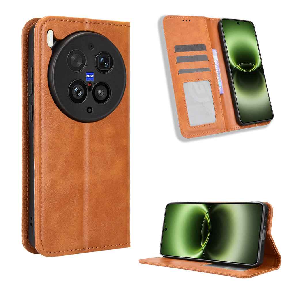 For vivo X300 Ultra 5G Leather Case Wallet Stand Retro Texture Phone Cover - Brown