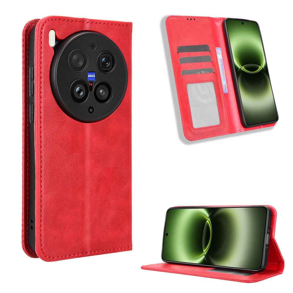 For vivo X300 Ultra 5G Leather Case Wallet Stand Retro Texture Phone Cover - Red
