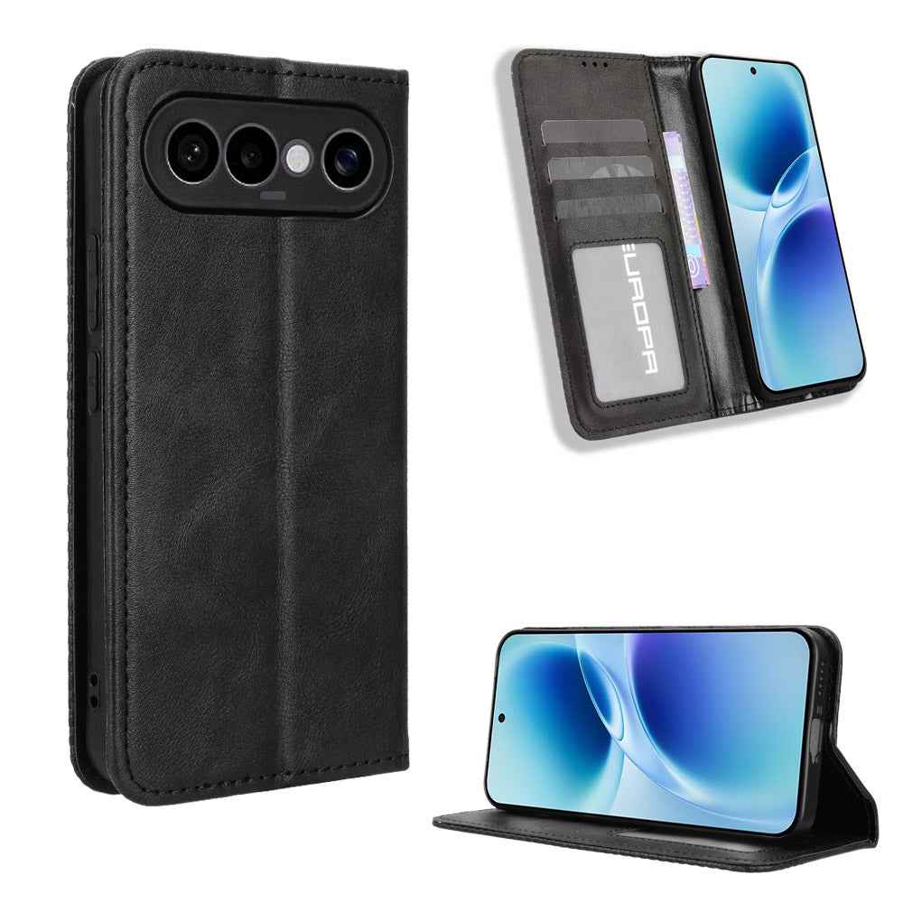For vivo S50 Pro mini 5G / vivo X300 FE 5G Leather Case Wallet Stand Retro Texture Phone Cover - Black