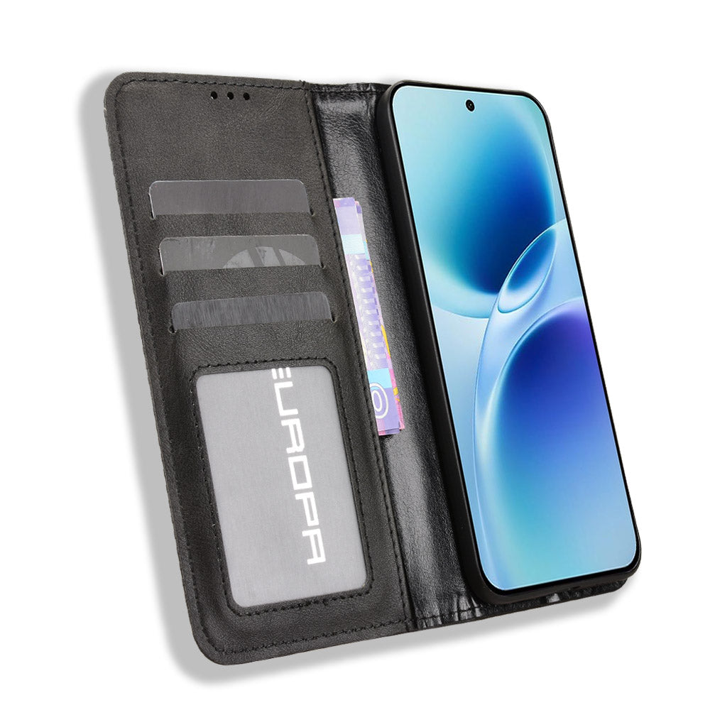 For vivo S50 Pro mini 5G / vivo X300 FE 5G Leather Case Wallet Stand Retro Texture Phone Cover - Black