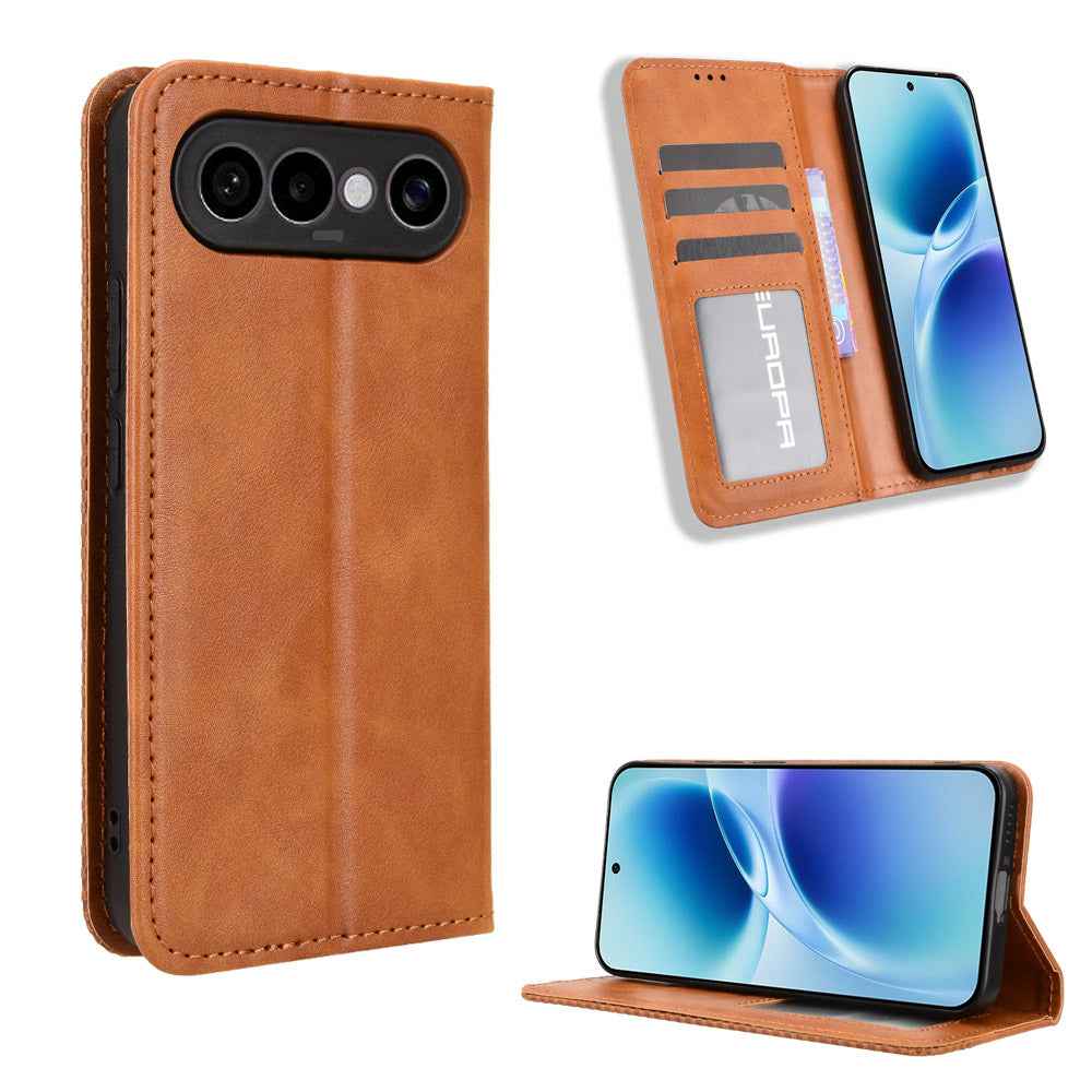For vivo S50 Pro mini 5G / vivo X300 FE 5G Leather Case Wallet Stand Retro Texture Phone Cover - Brown
