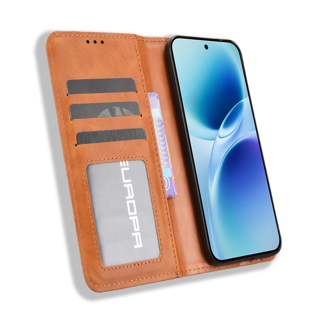 For vivo S50 Pro mini 5G / vivo X300 FE 5G Leather Case Wallet Stand Retro Texture Phone Cover - Brown