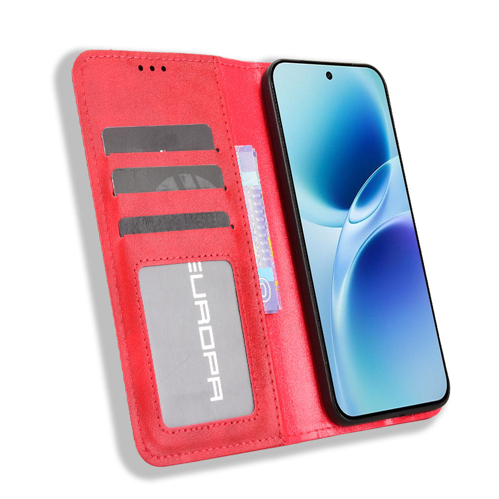For vivo S50 Pro mini 5G / vivo X300 FE 5G Leather Case Wallet Stand Retro Texture Phone Cover - Red