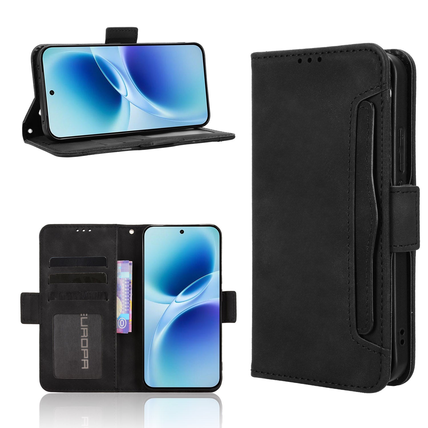 For vivo S50 Pro mini 5G / vivo X300 FE 5G Leather Case Phone Wallet Cover with Multiple Card Slots - Black