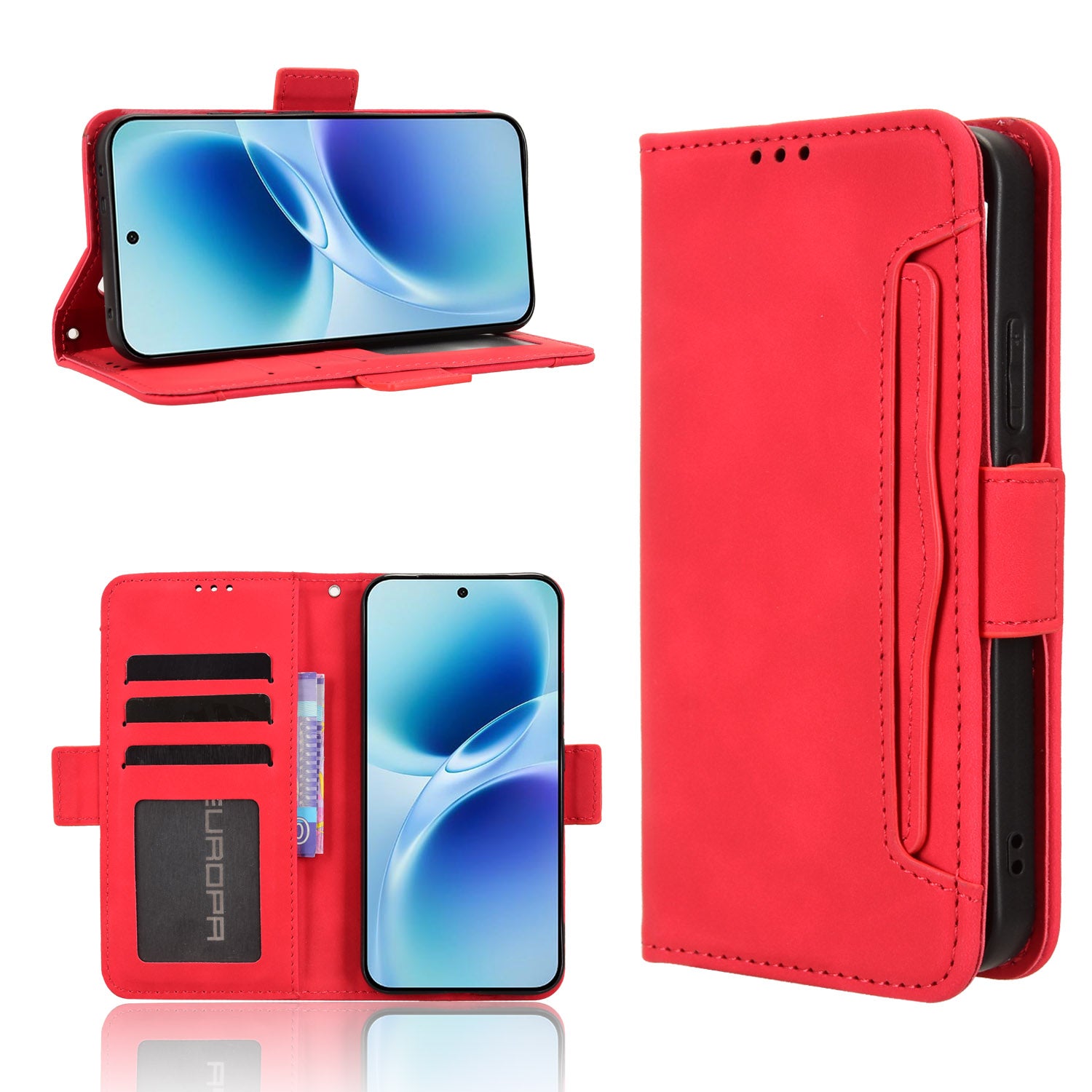 For vivo S50 Pro mini 5G / vivo X300 FE 5G Leather Case Phone Wallet Cover with Multiple Card Slots - Red