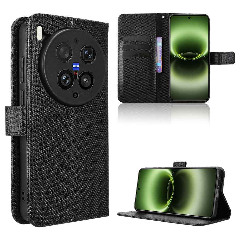 For vivo X300 Ultra 5G Leather Wallet Case with Strap Diamond Texture Phone Cover - Black