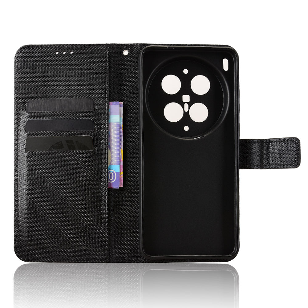 For vivo X300 Ultra 5G Leather Wallet Case with Strap Diamond Texture Phone Cover - Black