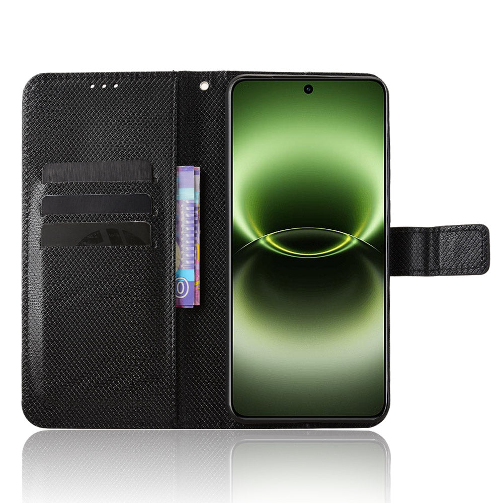 For vivo X300 Ultra 5G Leather Wallet Case with Strap Diamond Texture Phone Cover - Black
