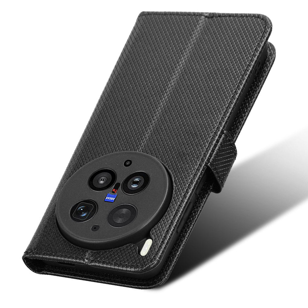 For vivo X300 Ultra 5G Leather Wallet Case with Strap Diamond Texture Phone Cover - Black