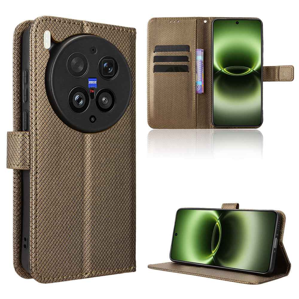 For vivo X300 Ultra 5G Leather Wallet Case with Strap Diamond Texture Phone Cover - Brown