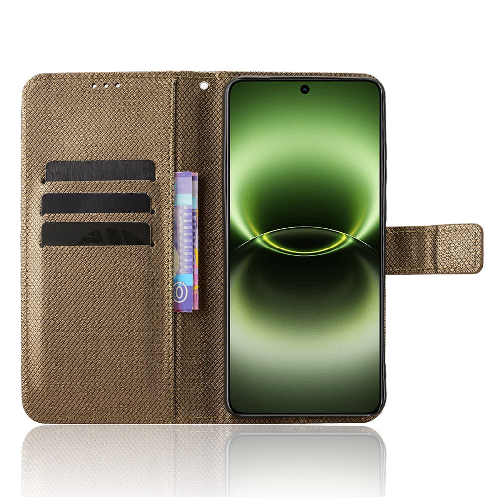For vivo X300 Ultra 5G Leather Wallet Case with Strap Diamond Texture Phone Cover - Brown