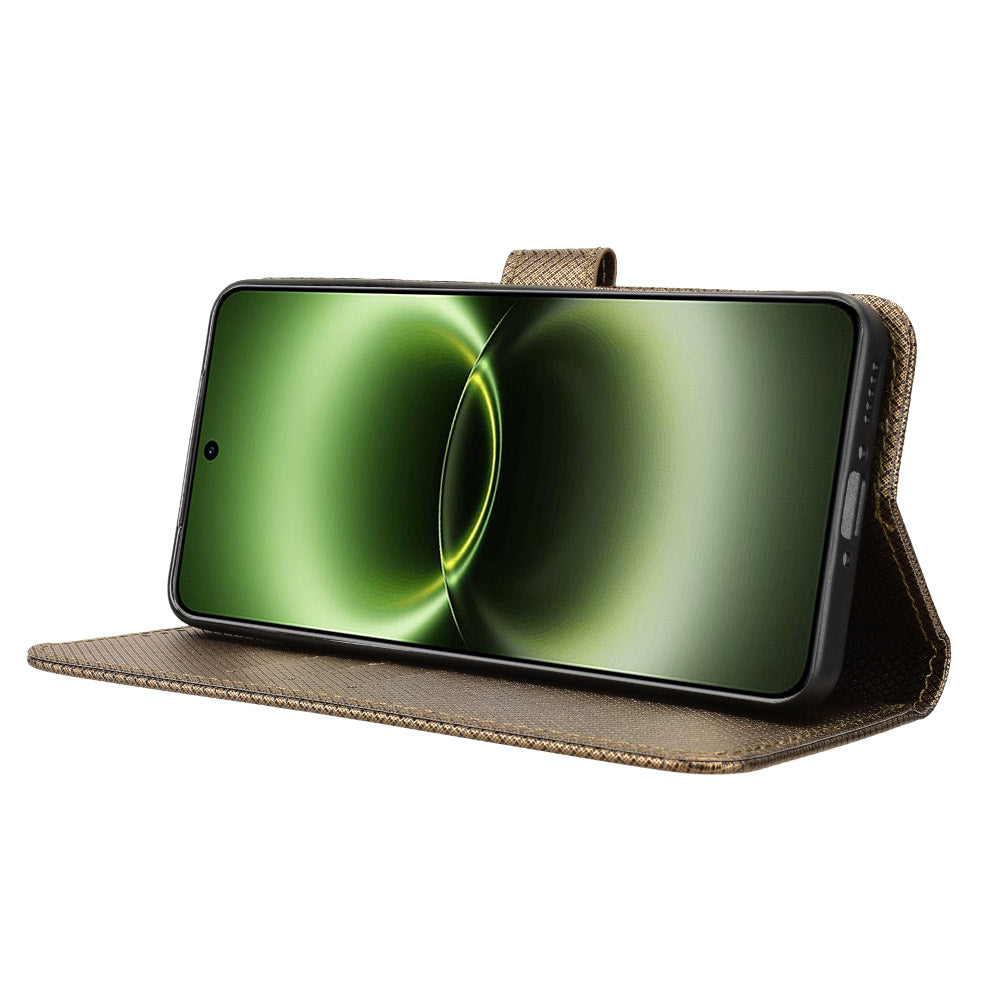 For vivo X300 Ultra 5G Leather Wallet Case with Strap Diamond Texture Phone Cover - Brown