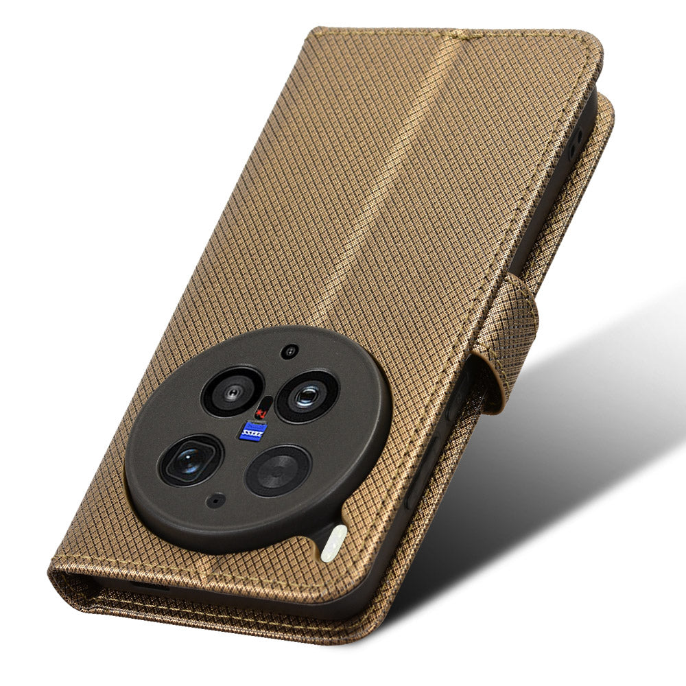For vivo X300 Ultra 5G Leather Wallet Case with Strap Diamond Texture Phone Cover - Brown