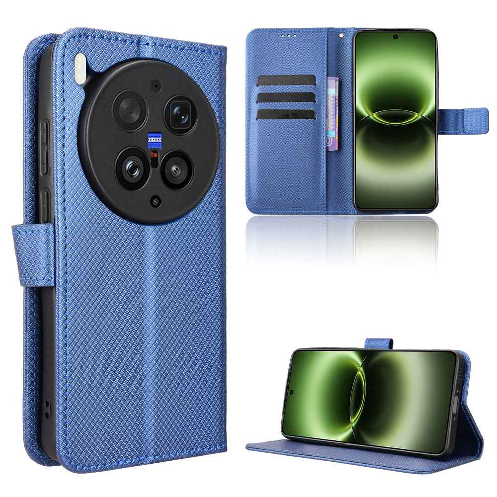 For vivo X300 Ultra 5G Leather Wallet Case with Strap Diamond Texture Phone Cover - Blue