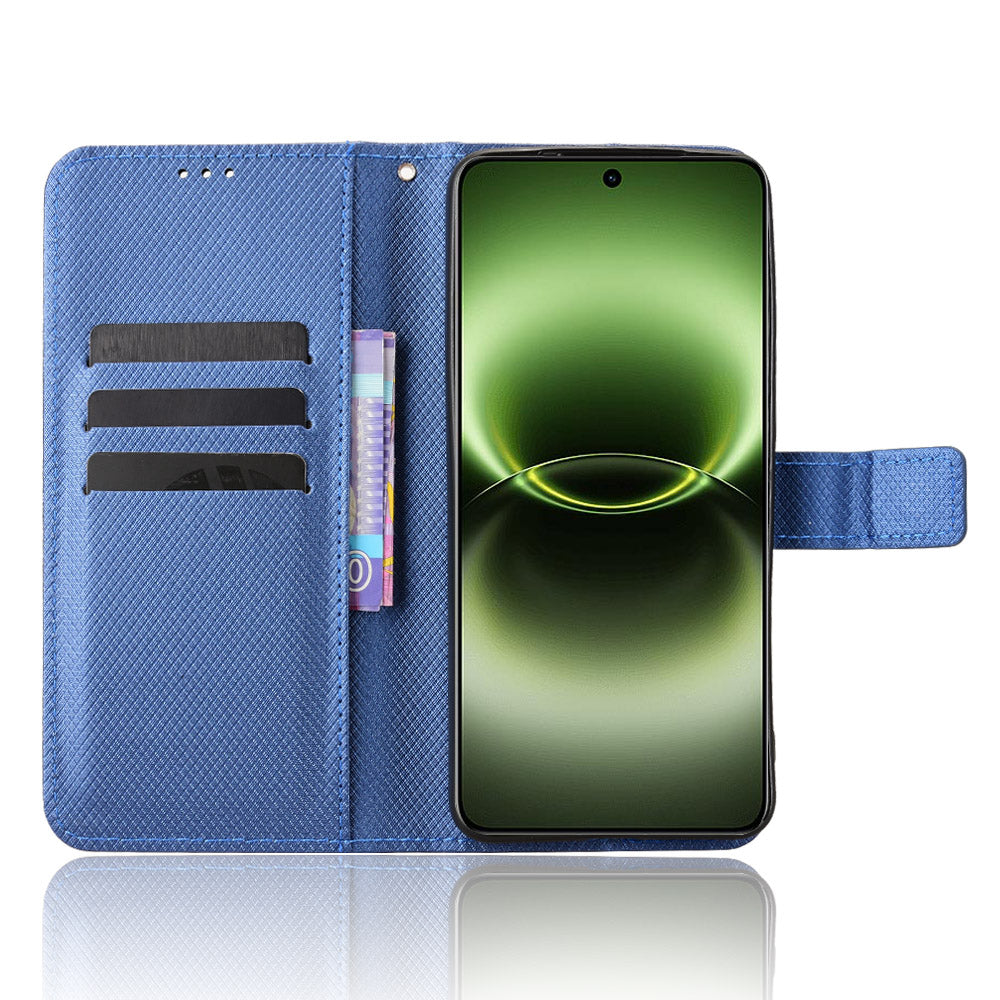 For vivo X300 Ultra 5G Leather Wallet Case with Strap Diamond Texture Phone Cover - Blue
