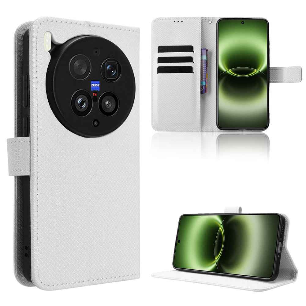 For vivo X300 Ultra 5G Leather Wallet Case with Strap Diamond Texture Phone Cover - White