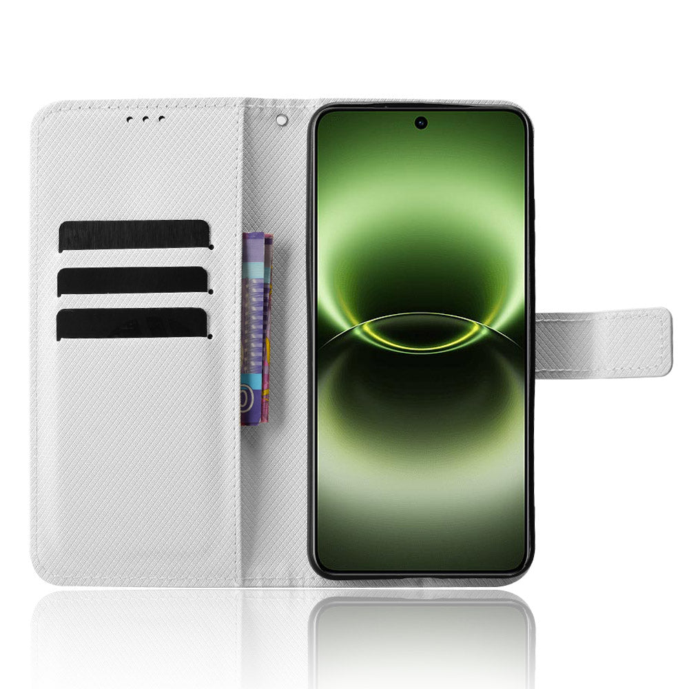For vivo X300 Ultra 5G Leather Wallet Case with Strap Diamond Texture Phone Cover - White