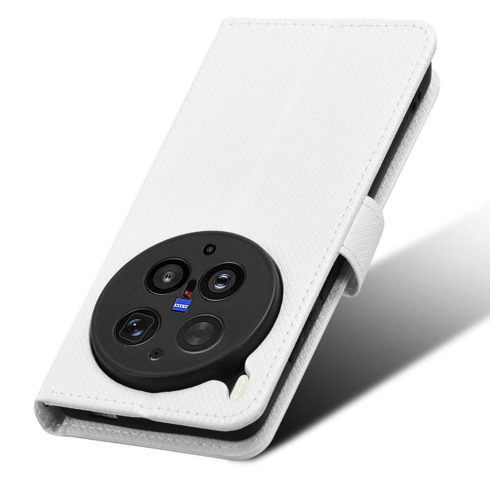 For vivo X300 Ultra 5G Leather Wallet Case with Strap Diamond Texture Phone Cover - White