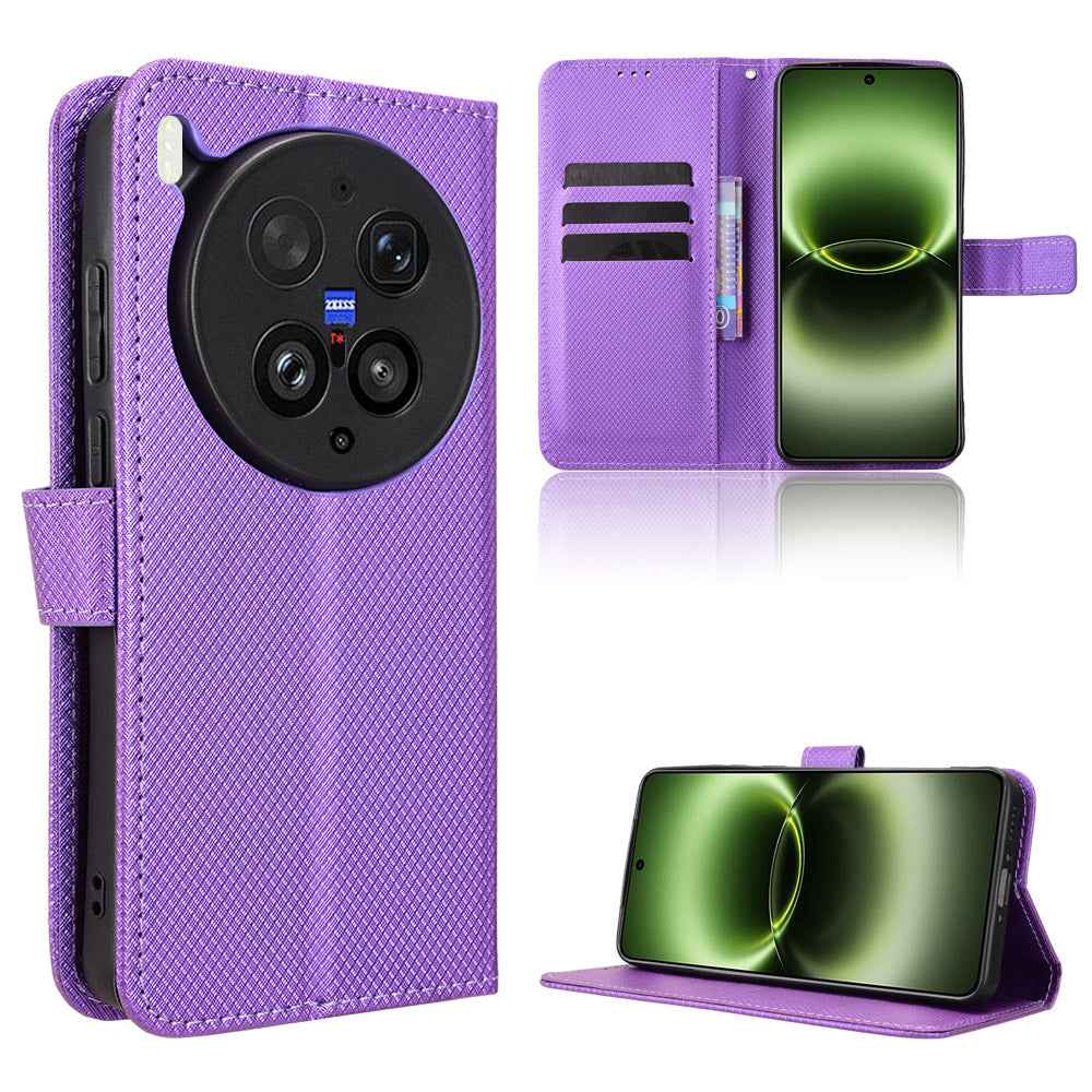 For vivo X300 Ultra 5G Leather Wallet Case with Strap Diamond Texture Phone Cover - Purple