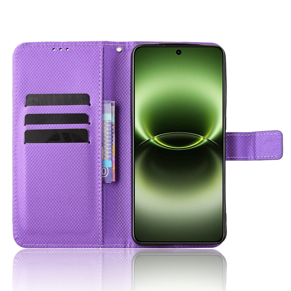 For vivo X300 Ultra 5G Leather Wallet Case with Strap Diamond Texture Phone Cover - Purple
