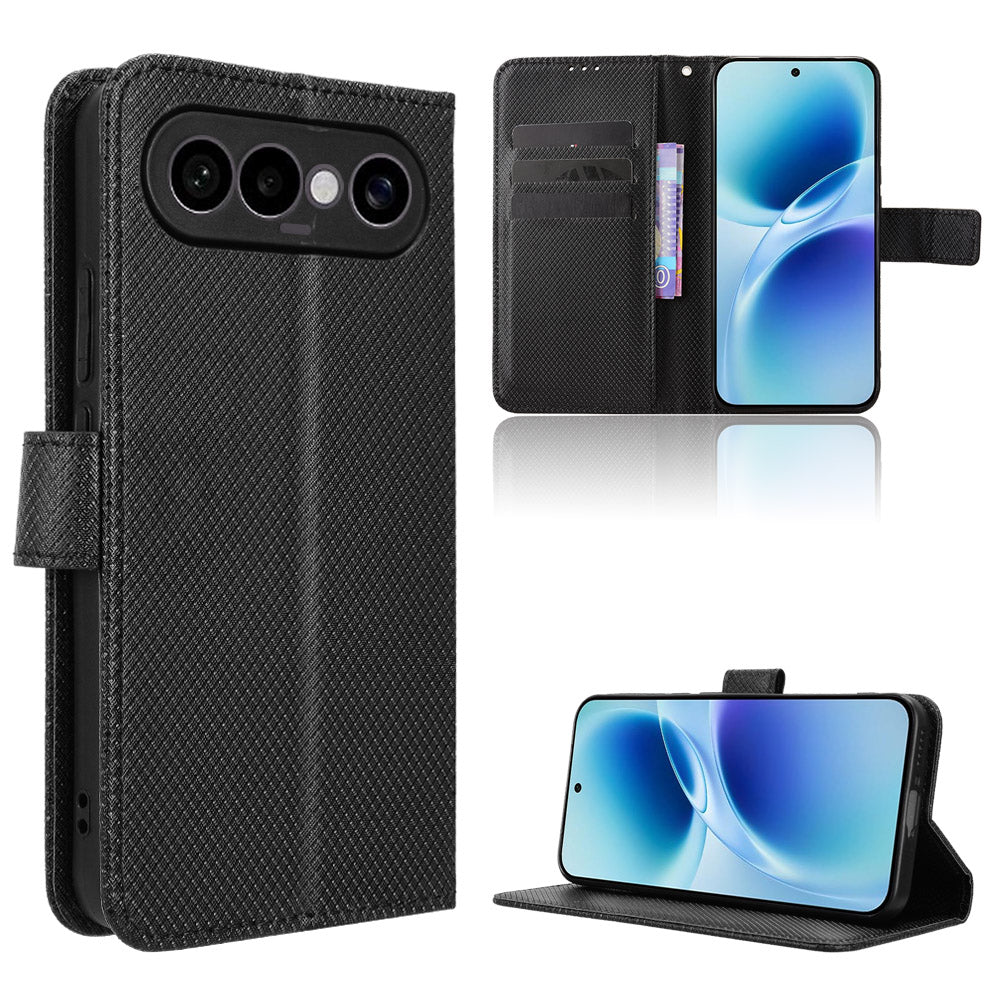 For vivo S50 Pro mini 5G / vivo X300 FE 5G Leather Wallet Case with Strap Diamond Texture Phone Cover - Black