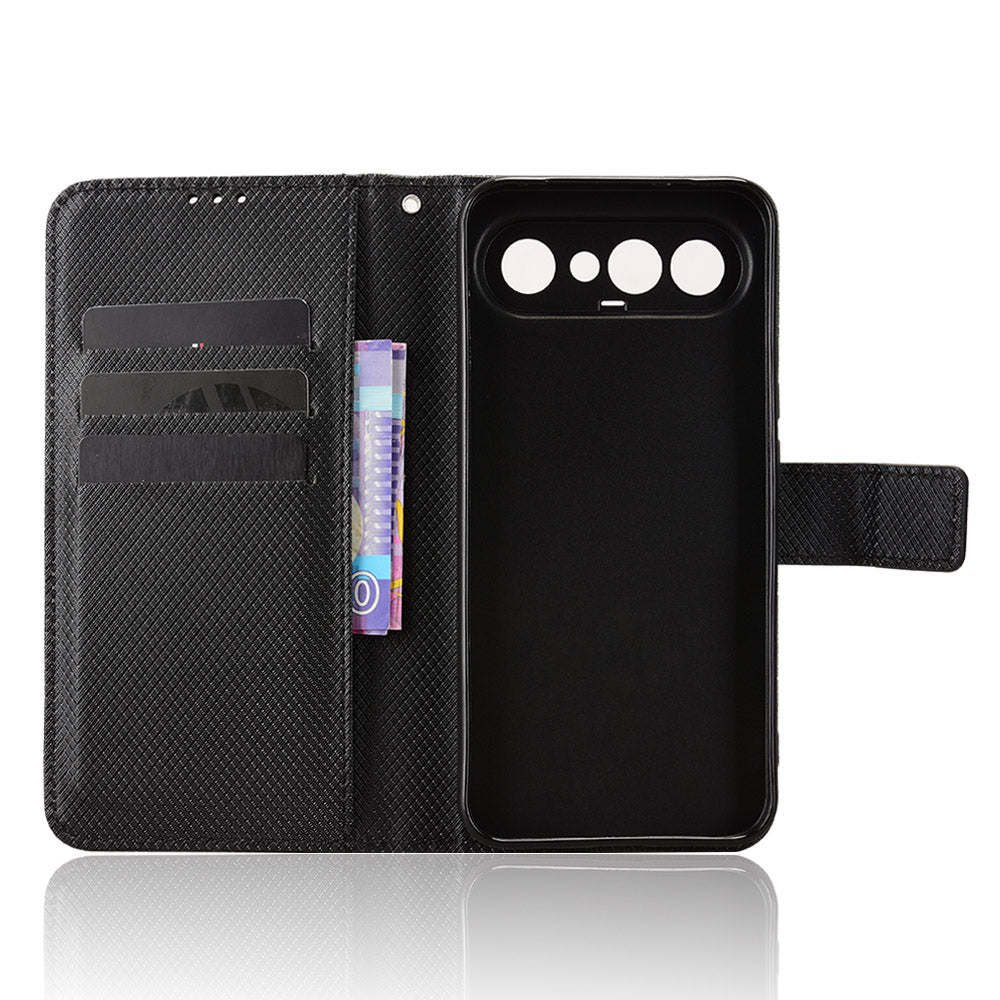 For vivo S50 Pro mini 5G / vivo X300 FE 5G Leather Wallet Case with Strap Diamond Texture Phone Cover - Black